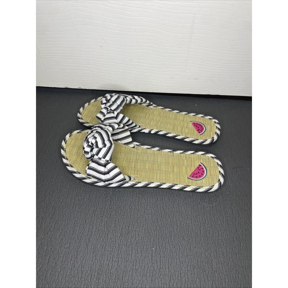 Size 7 Black And White Striped Bow Straw Slide Sandals Watermelon Embroidery - Picture 2 of 6